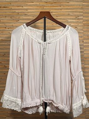 POL Clothing Light Pink Boho Lace Peasant Blouse